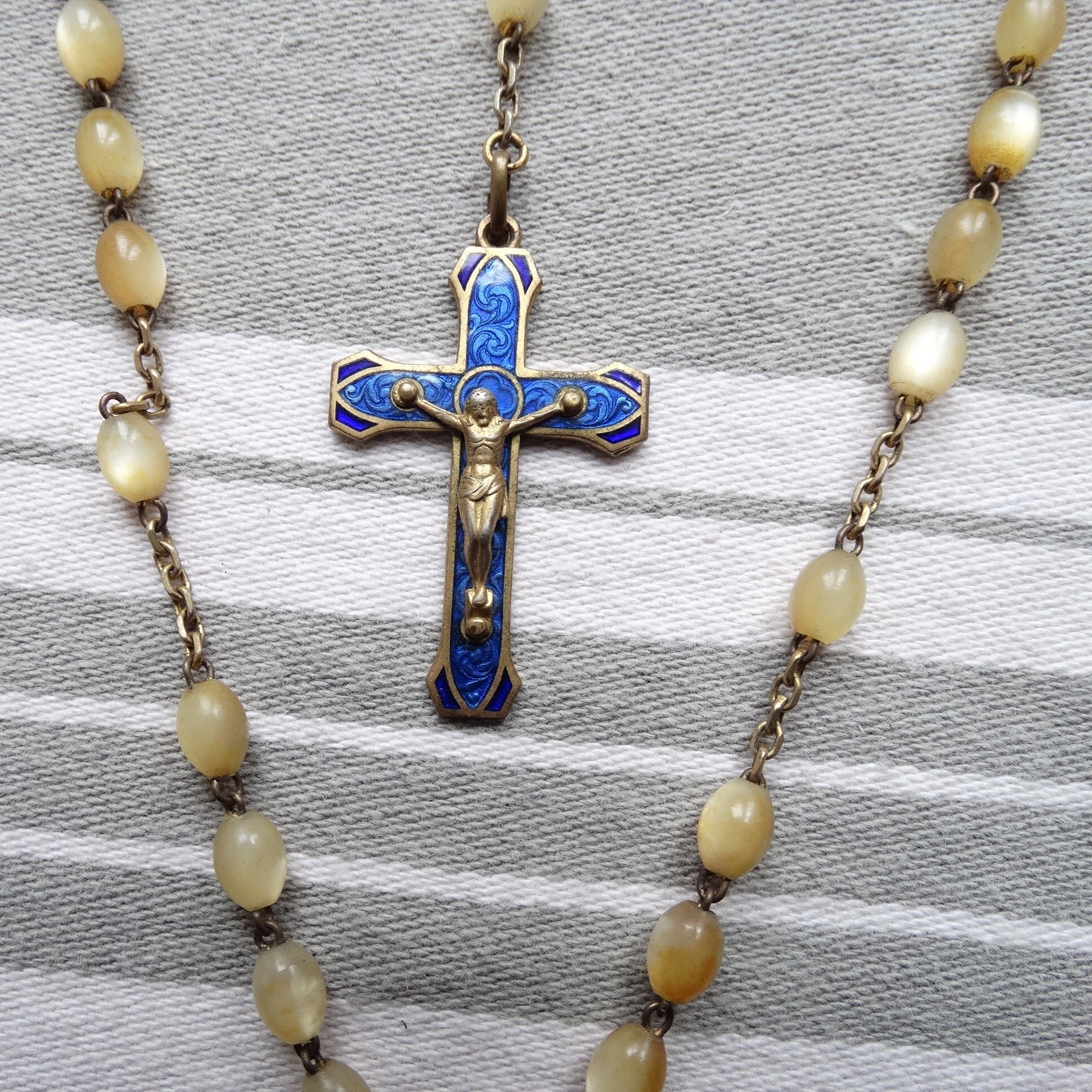 Chapelet Vintage/Perles de Prière en Coquille et Émail Chapelet Français Collier Religieux Dévotion 