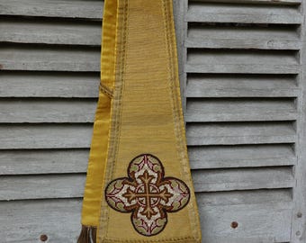 Manípulo de seda vintage, vestimenta religiosa francesa, cruzes bordadas
