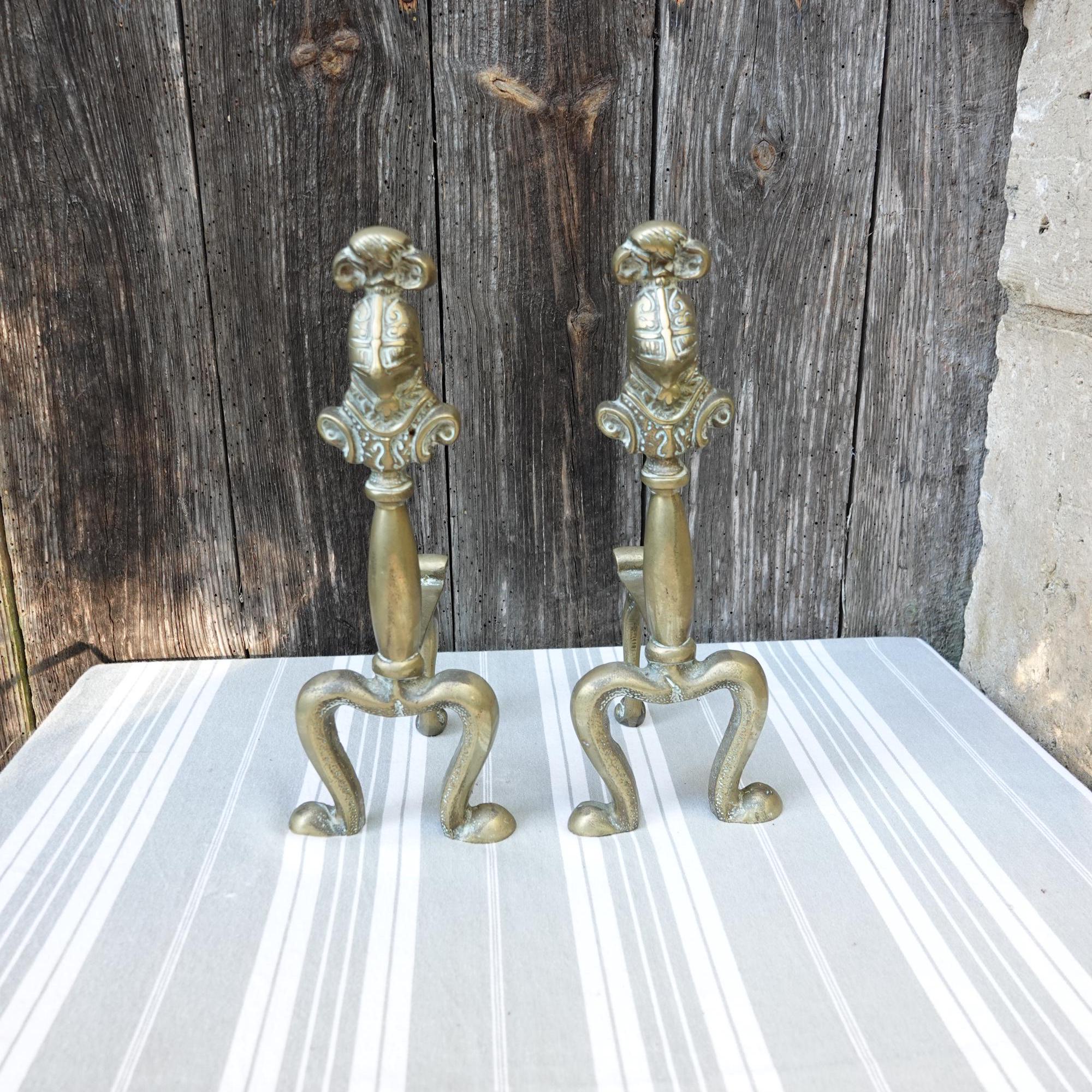 Brass fire dogs/Antique brass andirons/Knight's helmets fireplace ornaments/Hearth ornaments/Inglenook decoration/Interior design/Stage prop