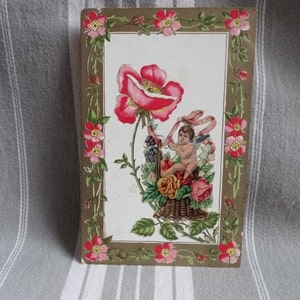 Postal francesa antigua/Collage de rosas silvestres y tarjeta de querubín/Tarjeta de felicitación de 1900/Accesorio de escenario/Efímera coleccionable/Scrapbooking/Diario basura/Usado
