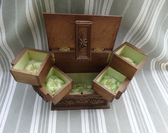 Antique Black Forest restoration project/Locking jewelry box/Edelweiss carved wood jewellery cabinet for repair/Damaged C19th jewellery box