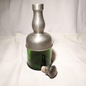 Cognac brandy bottle/Vintage French Pewter & green glass bottle/Mid century liquor bottle/Barware/Glass and pewter decanter/French brandy