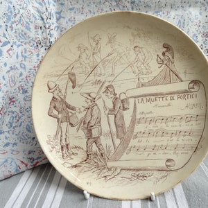 Antique Creil et Montereau musical plate/Fishing scene plate/Operatic music/Terre de fer/Sujets musicaux/G. Gostiaux design/Music score