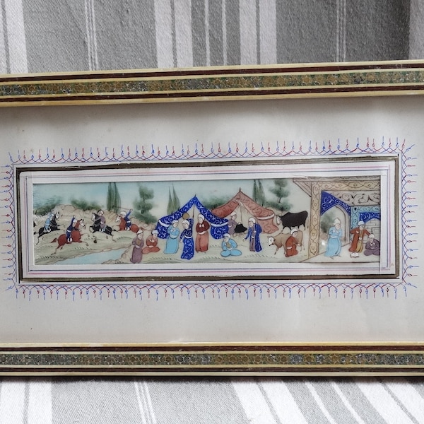 Miniature ancienne d'art du Moyen-Orient/Aquarelle sur os/Jeu de polo et scène de vie de village/Autoportant/Scène bédouine miniature aquarelle
