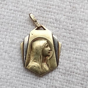 FIX gold Madonna medallion/Art deco design/Antique religious Virgin medal/Souvenir devotional pendant/Baptism present First communion gift.