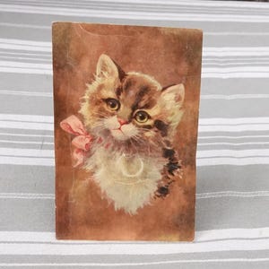 Postal de gato con chirriador/Postal francesa antigua de gatito con mecanismo de chirrido/Postal de gatito con lazo rosa/Postal usada con escritura