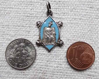 Pendentif Médaille Vierge à L’enfant En Argent Massif émaillé Bleu - Début XXe, Occasion