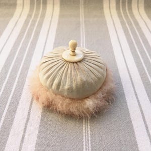 Antique swans down powder puff/Early C20th dusting powder puff/French boudoir accessory/Stage prop/Bathroom or closet decor/Collectible puff