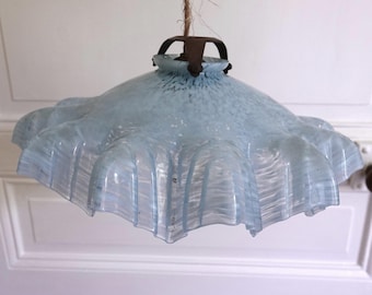 Art Deco Clichy Glass Light Shade, Pale Blue Ruffle Edged Ceiling Fixture