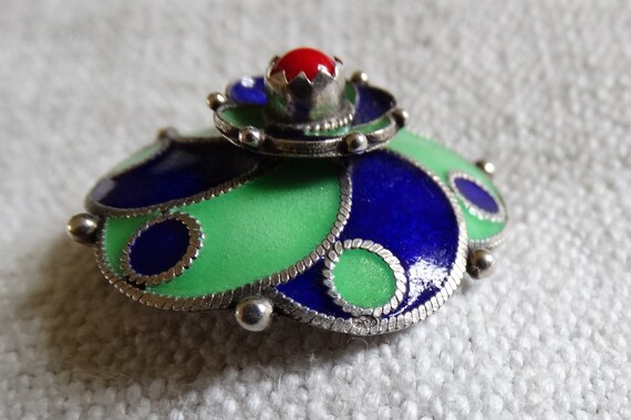 Kabyle brooch/Silver, enamel & coral flower cloak… - image 3