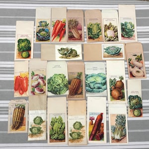 Könnte beinhalten: Eine Sammlung von Vintage-Saatguttüten mit farbenfrohen Illustrationen verschiedener Gemüsesorten. Die Tüten zeigen Bilder von Kohl, Karotten, Radieschen und anderen Gartenprodukten. Die Tüten sind auf einer gestreiften Oberfläche angeordnet.