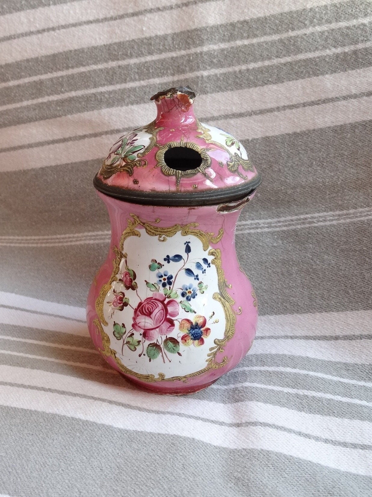 C18th Bilston mustard pot, damaged/Antique enamel mustard pot & cover/C18th Polychrome enamel/Bilston enamelware/Rare antique mustard pot
