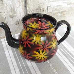 Vintage enamel teapot/BB Frères enamelware/Black floral teapot/Théière emaillé/Teapot for indoor plant water/Kitchenalia/Collectible enamel/