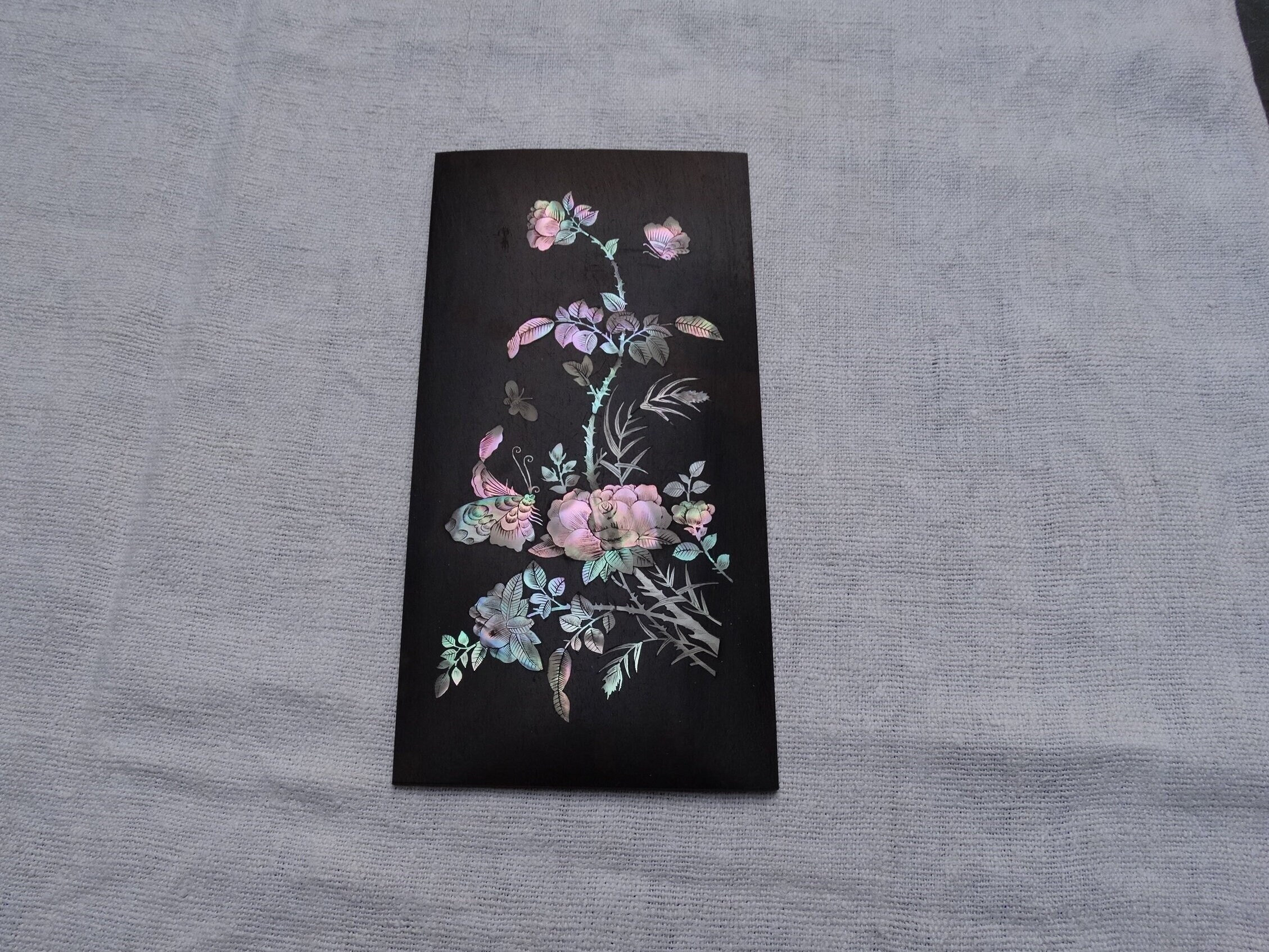 Plaque Murale Vintage. Photo Chinoise Incrustée. en Nacre et Palissandre. Panneau Incrusté de Nacre.