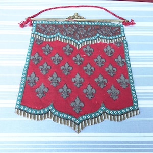 C19th Beadwork fleur de lys écusson/Antique steel & glass bead banner for fire screen/Bead and tapestry wall hanging/Old French beaded panel