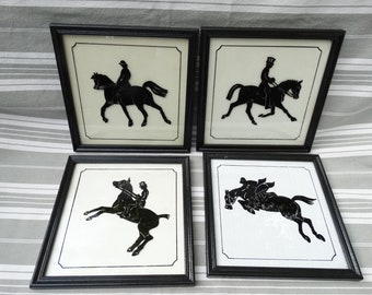 Set of 4 reverse painted horse pictures/Vintage black & white equestrian painting on glass/Horse riding wall art/Horse lovers gift/Dressage