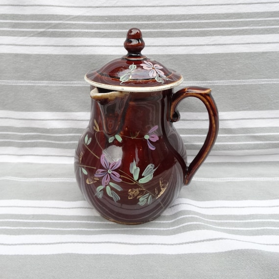 フランスアンティーク　st.UZE ミルクポット Antique St Uze Milk Jug With Lid, Floral Enameled French Pottery