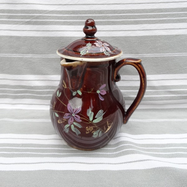 Antique St Uze milk pot/Floral enameled brown glazed jug and lid/Floral patterned milk jug/French ironstone pottery/Hand painted pottery jug