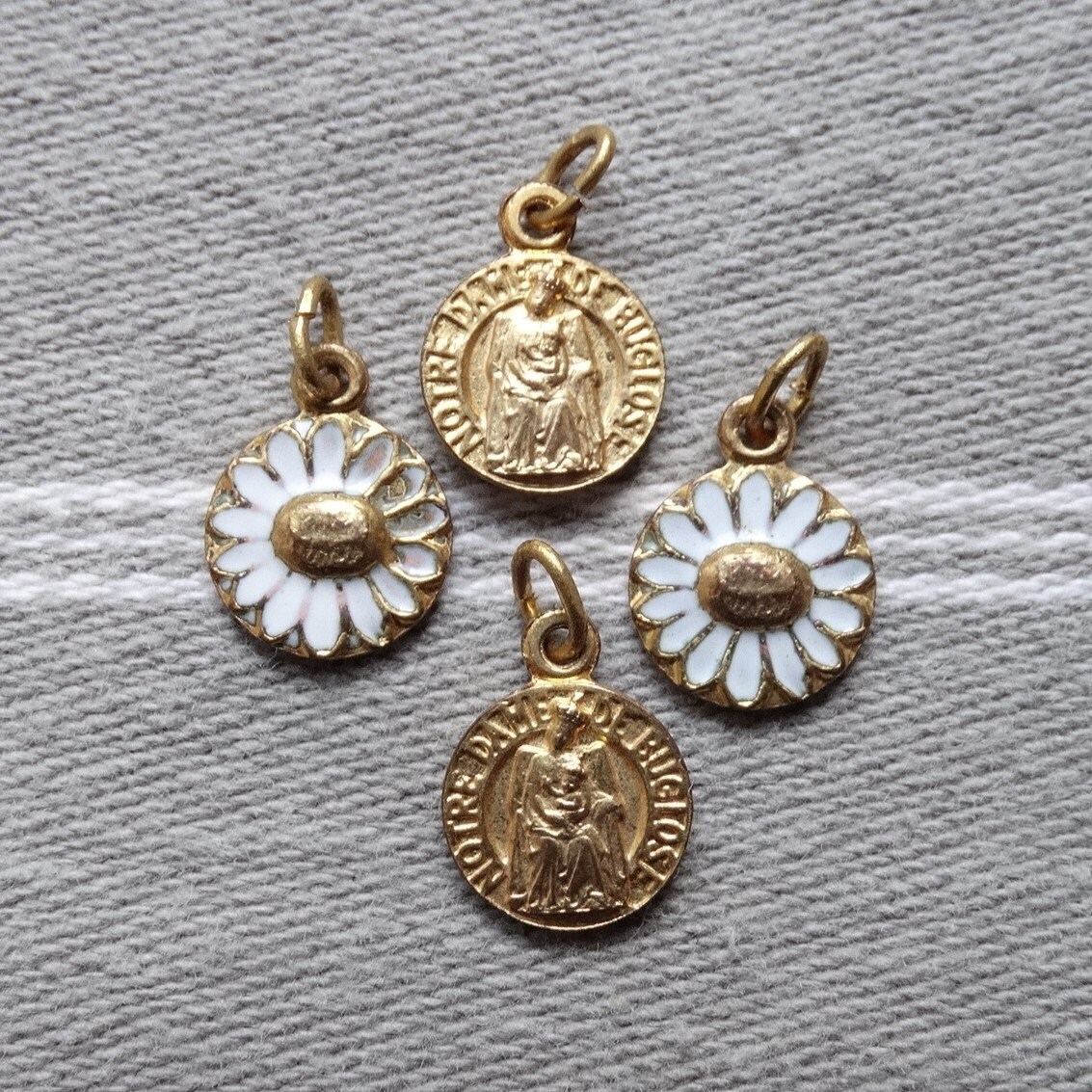 4 Tiny religious charms/Gilt brass & enamel charms/Notre dame de Buglose medallions/French religious medallions/Bracelet or Bookmark charms