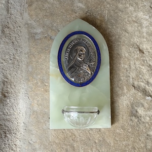 Holy water stoup/Benitier for home devotion/Religious marble Sainte Thérèse font/Signed marble & silver plated metal Holy water holder