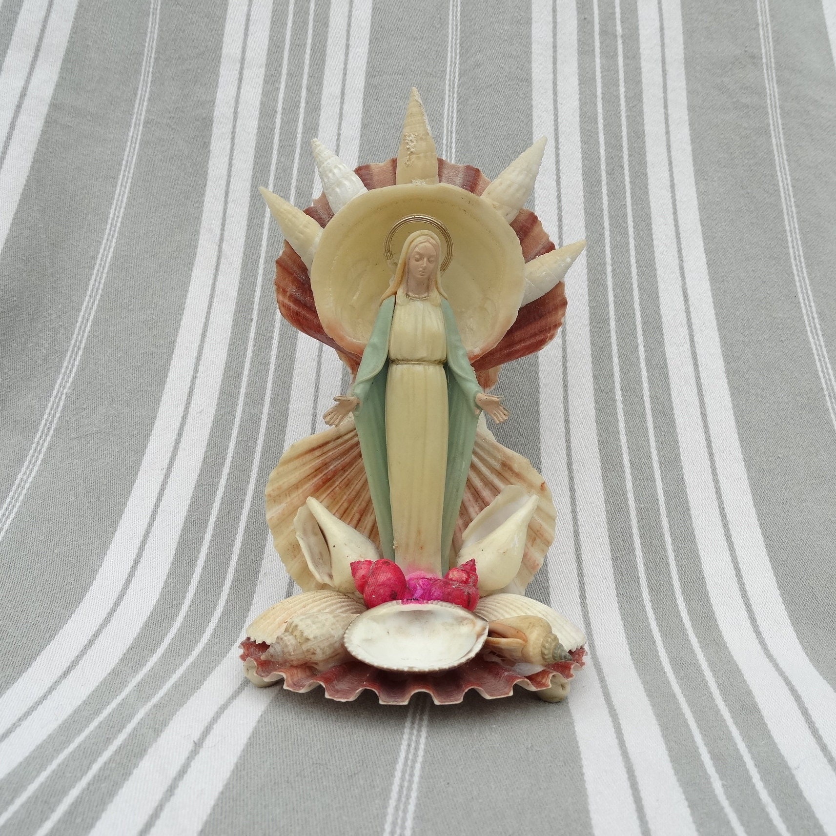 Grotte d'art de Coquillages Vintage/Sanctuaire Grotte Travail Statue La Vierge Marie Art Populaire D