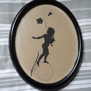 Art deco Diefenbach silhouette/Vintage nymph & flowers oval framed picture/Delivered DDP to USA