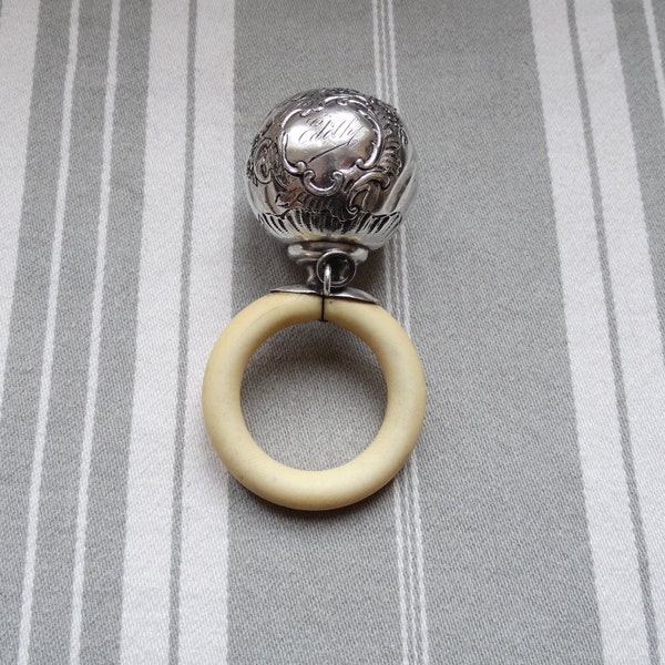 Antique baby rattle/French silver rattle with bone ring/Cabinet display/Collectible rattle/Rammelaar/C19th Hochet en argent