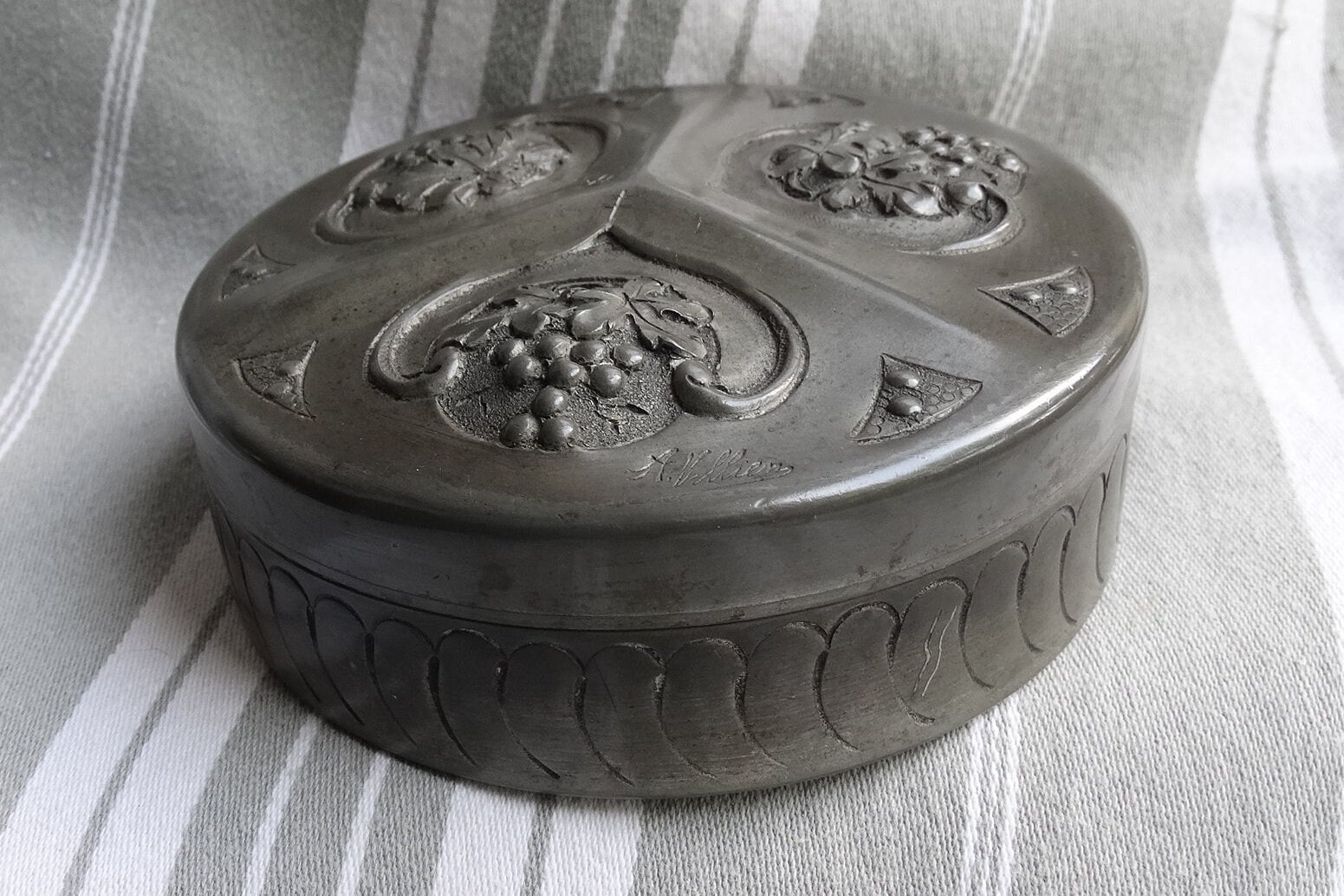 Signed A. Villien Antique Pewter Box, Art Nouveau Grape Vine Decor