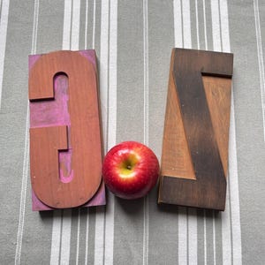 Puede incluir: Una letra G de madera grande con restos de pintura rosa en su superficie, una manzana roja brillante y una letra Z de madera grande con un acabado marrón oscuro. Los objetos están dispuestos en fila, con la manzana situada entre las dos letras.