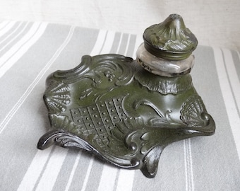 Vintage French Spelter Inkwell, Green Painted Desk Accessory