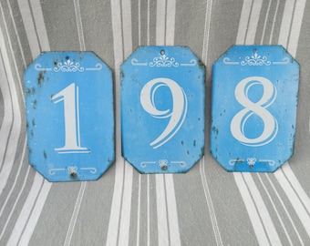 3 Vintage house numbers/Number plaques/Painted metal signs/Address numbers/Post box numerals/Blue & white French numbers/Tin plate plaques
