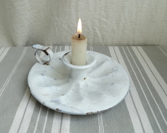 Vintage Enamel chamberstick/White & blue enamel candle holder/Candle stick/Romantic lighting/Marble effect/Outdoor lighting/Al fresco dining