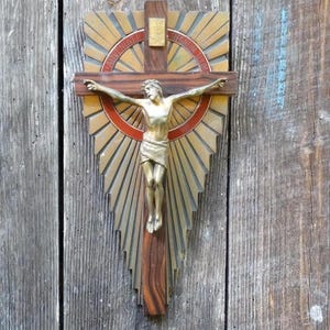 Art deco crucifix wall plaque/Coppered brass & spelter Crucifix/Antique French religious plaque/Home devotion/Christian wall plaque