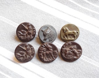 6 antique French hunting buttons, Boutons venerie,Bouton de Louveterie, Animal picture metal coat fasteners