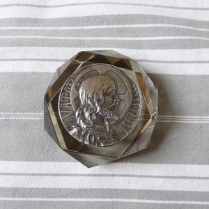Salvator Mundi paperweight, cut glass/Vintage religious desk ornament/Metal Iconography of Jesus Christ set on faceted glass/Writers gift