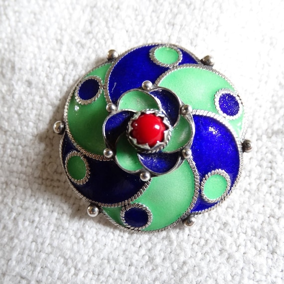 Kabyle brooch/Silver, enamel & coral flower cloak… - image 1