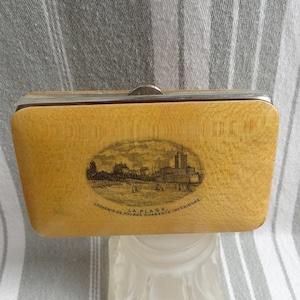 Caja de tarjetas de artículos Mauchline/Caja de cigarrillos francesa antigua/Árbol coleccionable/Souvenir de Fouras Charente Inférieure/Caja de tarjetas forrada de seda azul