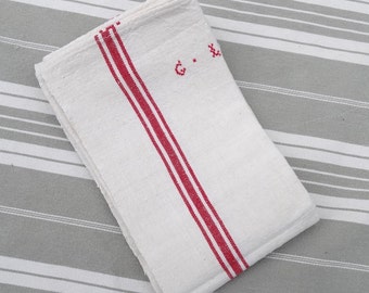 French linen tea towel/G L monogram/Vintage linen dish towel/Traditional white & red stripe torchon/French farmhouse/Sewing, cushions, bags