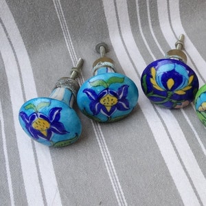 3 Ceramic knobs/Vintage blue pottery door pulls/Iznik style drawer pulls/Hand painted ceramic cabinet knobs/Closet door handles