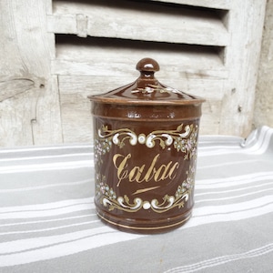 Antique tobacco jar/St Uze pottery container/Enameled ceramic jar/Nick knack pot/Tobacciana/Storage jar/French enamelled ceramic tobacco jar