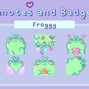 May include: A collection of six cartoon frog emotes and badges in various poses, with the word "Froggy" displayed. The emotes are light green with a sprout on their heads, and the background is a light purple.