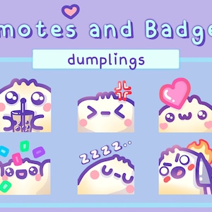 May include: A set of six digital emotes featuring a cartoon dumpling character with different expressions. The emotes include a dumpling drinking boba tea, a dumpling with a heart on its head, a dumpling with a sleepy expression, a dumpling with an angry expression, a dumpling with a surprised expression, and a dumpling with confetti around its head.