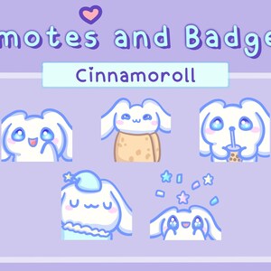 Puede incluir: Gráfico de arte digital con cinco emoticonos y insignias de Cinnamoroll. Los emoticonos representan al personaje en varias expresiones, incluyendo llorando, sosteniendo un pastel, bebiendo una bebida, durmiendo y con estrellas. El fondo es de color lila claro con estrellas y corazones.
