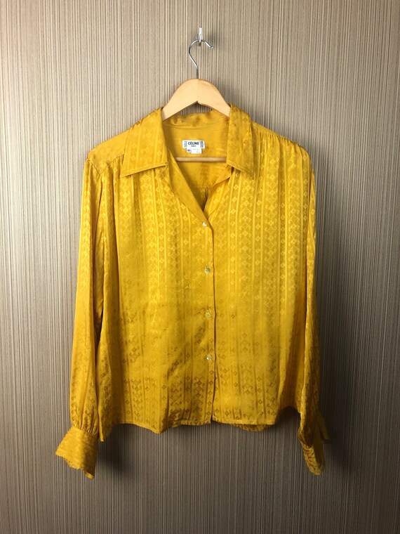 Vintage Celine Blouse, Yellow, Silk Blouse, Made in France, Size 