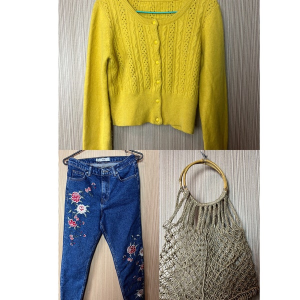 Set of 3 items , Vintage , cardigan , jeans, string bag