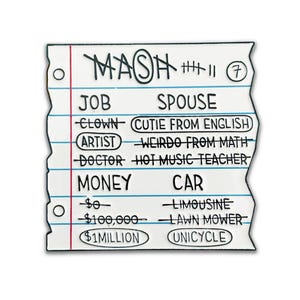 May include: A white, die-cut sticker in the shape of a torn piece of paper. The sticker features handwritten text, including "MASH," job, spouse, money, and car options. The design includes blue lines and a red border.