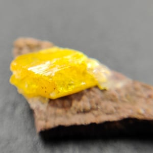 May include: A bright yellow crystal formation rests on a piece of brown rock. The crystal has a translucent appearance, with visible lines and a slightly rough texture. The background is a solid, dark gray.