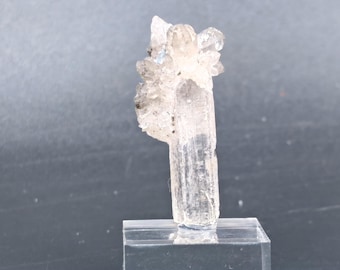 May include: A clear, crystalline mineral specimen with a cluster of crystals at the top. The mineral is mounted on a clear, rectangular base. The background is a gradient of gray.