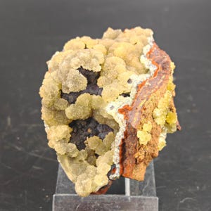 May include: A mineral specimen featuring clusters of pale yellow, crystalline formations contrasted against a dark, textured base. One side displays a distinct, layered band of reddish-brown, earthy material with a rough, porous surface texture.