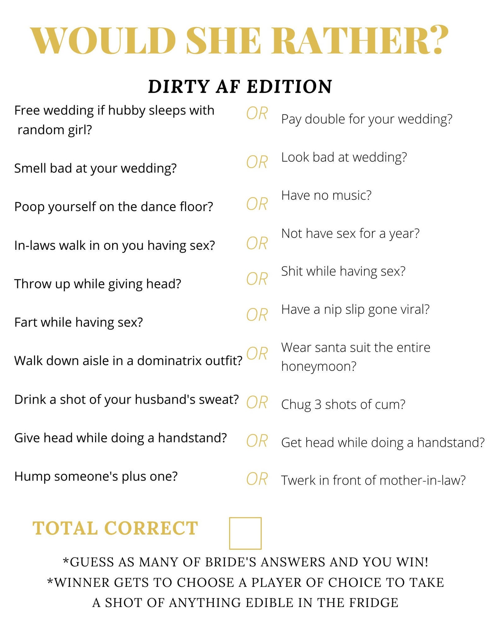 Explicit Bachelorette Party Game naughty game Would she Etsy